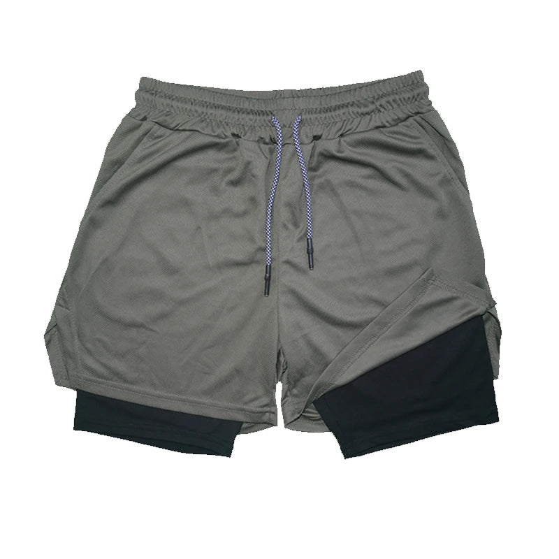 Short fitness de camada dupla masculina com cordão, forro de malha, cintura elástica respirável, secagem rápida para praia, piscina e  verão masculino