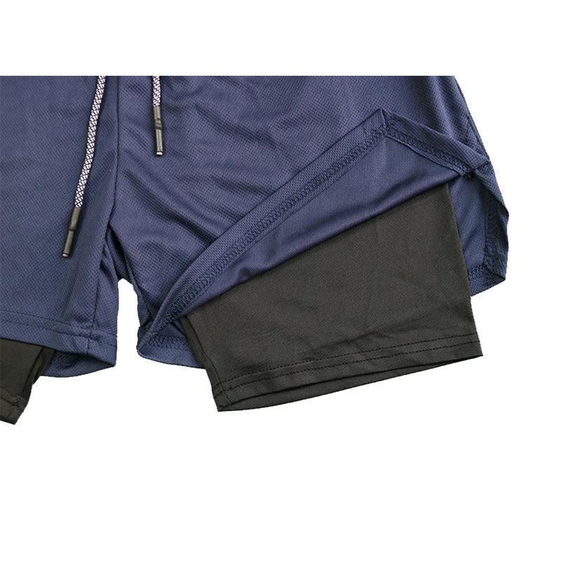 Short fitness de camada dupla masculina com cordão, forro de malha, cintura elástica respirável, secagem rápida para praia, piscina e  verão masculino