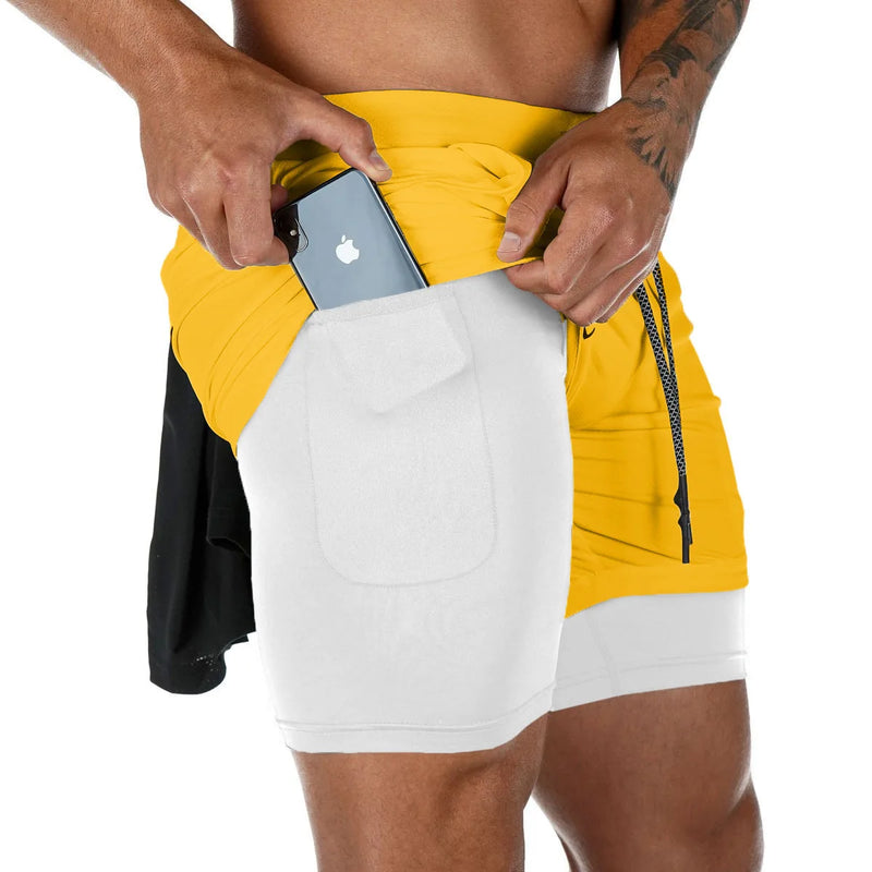 Short fitness de camada dupla masculina com cordão, forro de malha, cintura elástica respirável, secagem rápida para praia, piscina e  verão masculino