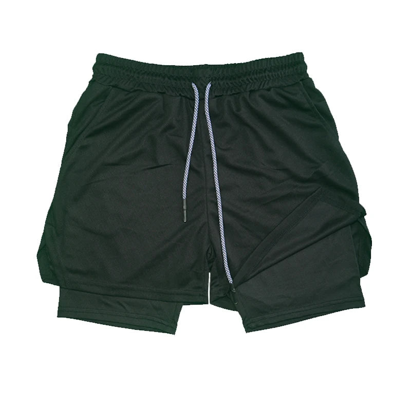 Short fitness de camada dupla masculina com cordão, forro de malha, cintura elástica respirável, secagem rápida para praia, piscina e  verão masculino