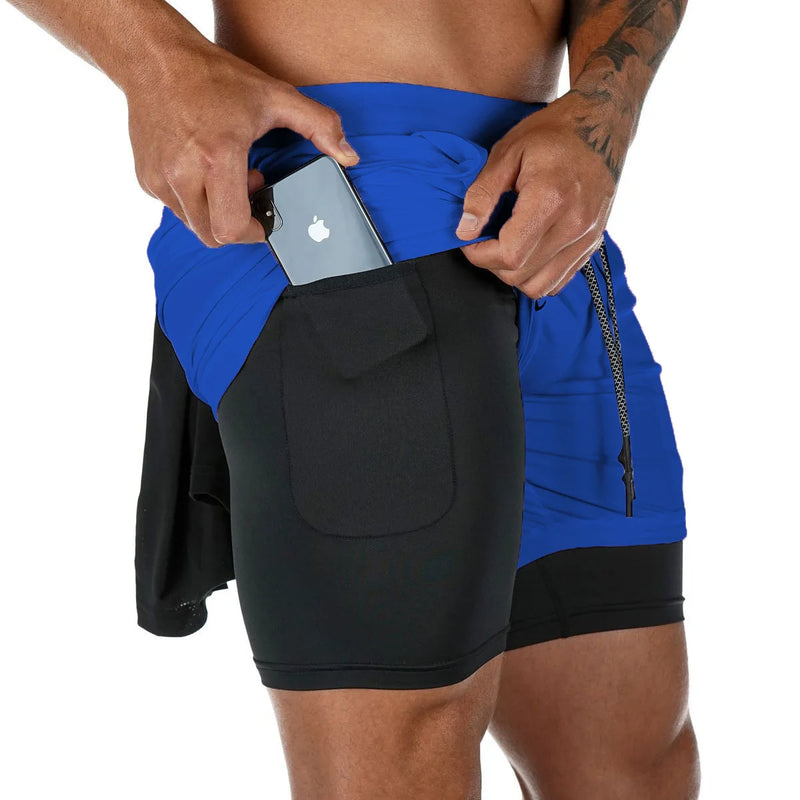 Short fitness de camada dupla masculina com cordão, forro de malha, cintura elástica respirável, secagem rápida para praia, piscina e  verão masculino